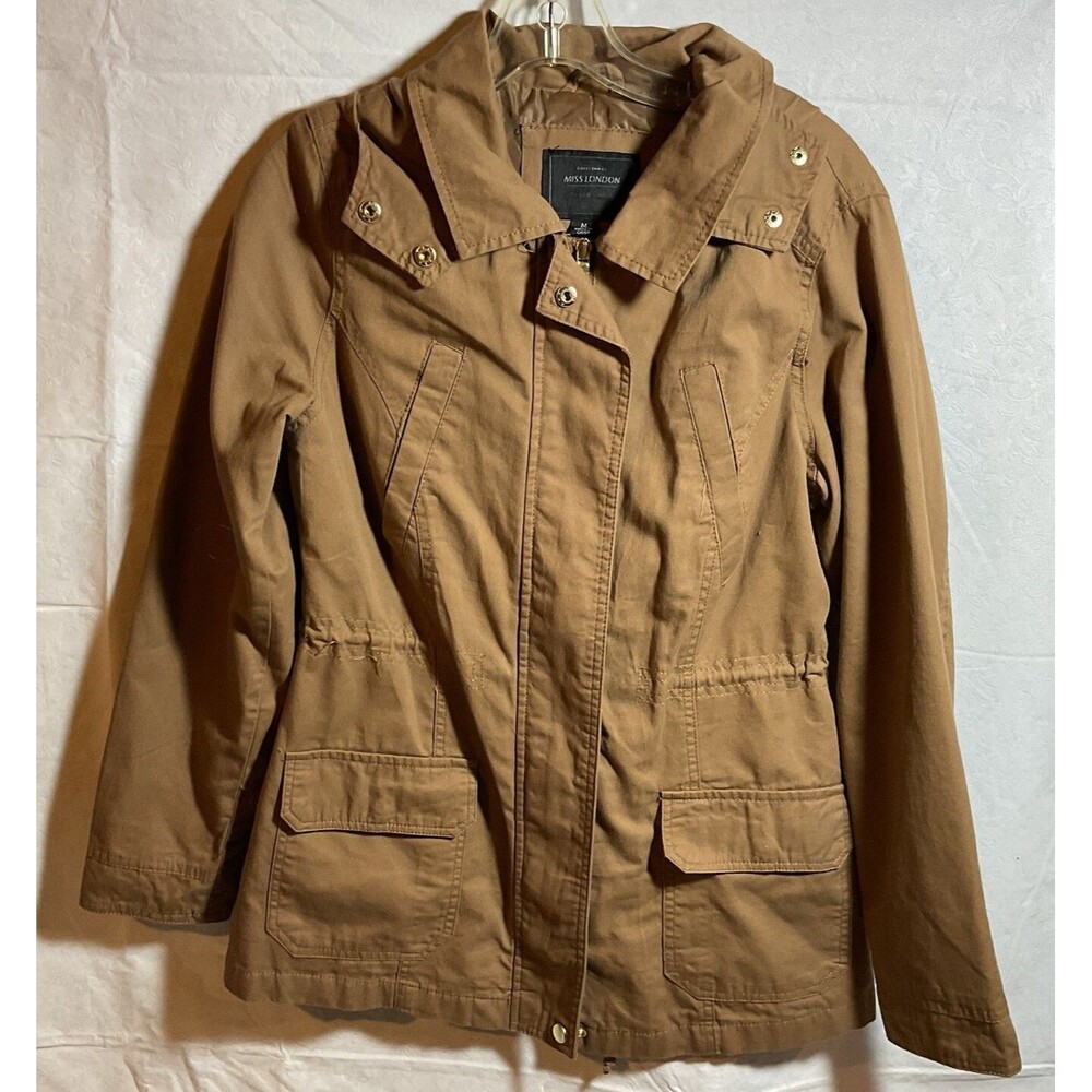 Miss London Women’s Hooded Drawstring Utility/Army Jacket, Medium,  Tan